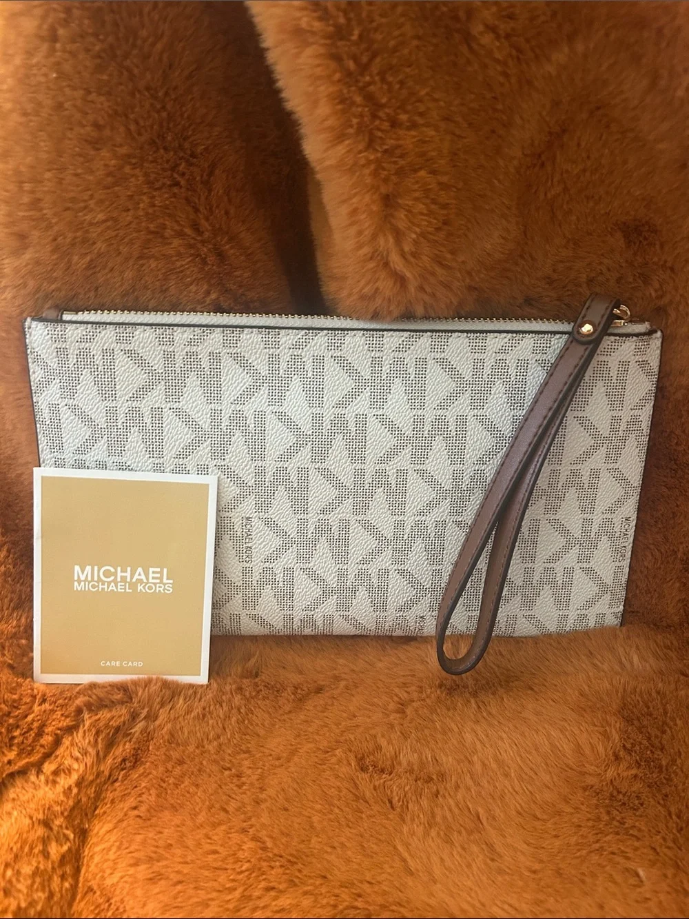 Michael Kors Logo Wristlet in Vanilla with Brown Trim